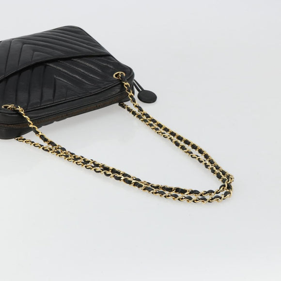 CHANEL V Stitch Chain Shoulder Bag Lamb Skin Black Gold CC Auth BA13037