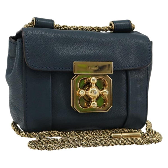 Chloe Chain Elsie Shoulder Bag Leather Navy Gold Auth BA13039A