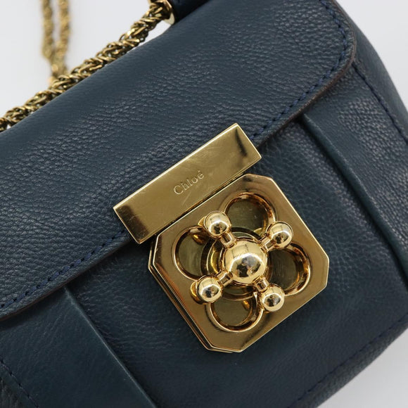Chloe Chain Elsie Shoulder Bag Leather Navy Gold Auth BA13039A