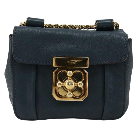 Chloe Chain Elsie Shoulder Bag Leather Navy Gold Auth BA13039A