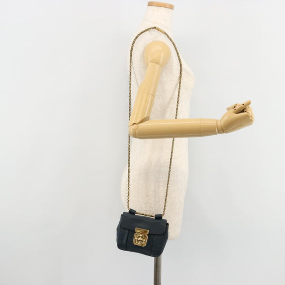 Chloe Chain Elsie Shoulder Bag Leather Navy Gold Auth BA13039A