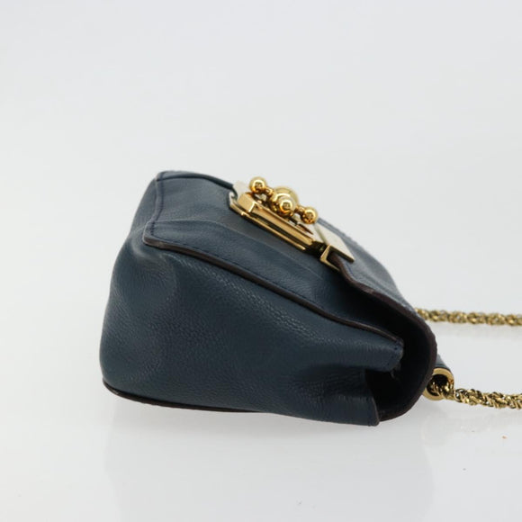 Chloe Chain Elsie Shoulder Bag Leather Navy Gold Auth BA13039A