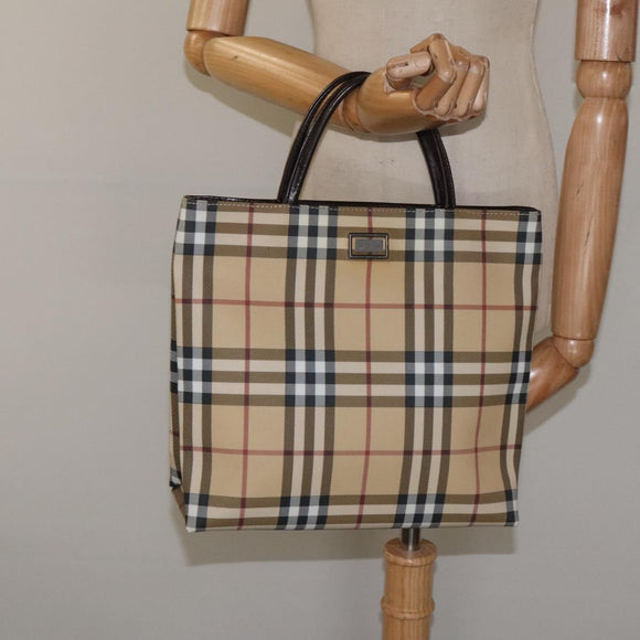 BURBERRY Nova Check Hand Bag PVC Leather Beige Silver Auth BA1304