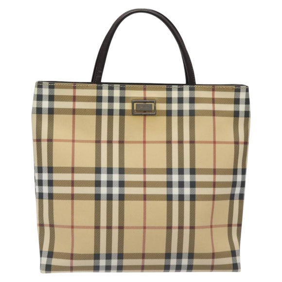 BURBERRY Nova Check Hand Bag PVC Leather Beige Silver Auth BA1304