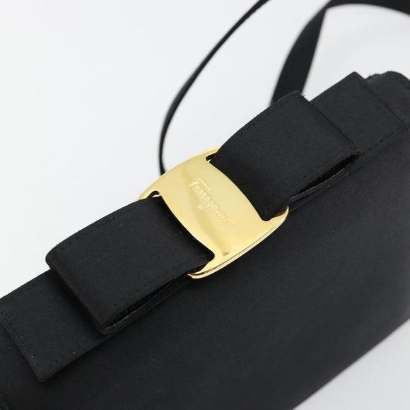 Salvatore Ferragamo Vala Schoudertas Satijn Zwart Goud Auth BA13042A