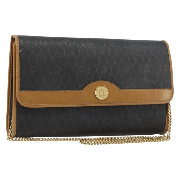 Christian Dior Honeycomb Canvas Chain Shoulder Bag PVC Black Gold Auth BA13044