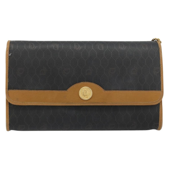 Christian Dior Honeycomb Canvas Chain Shoulder Bag PVC Black Gold Auth BA13044