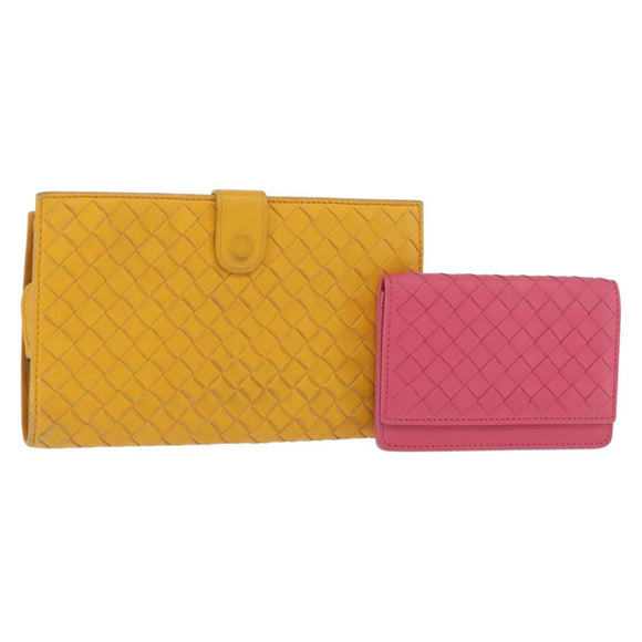 BOTTEGA VENETA INTRECCIATO Portemonnee Leer 2 Set Geel Roze Auth BA13054