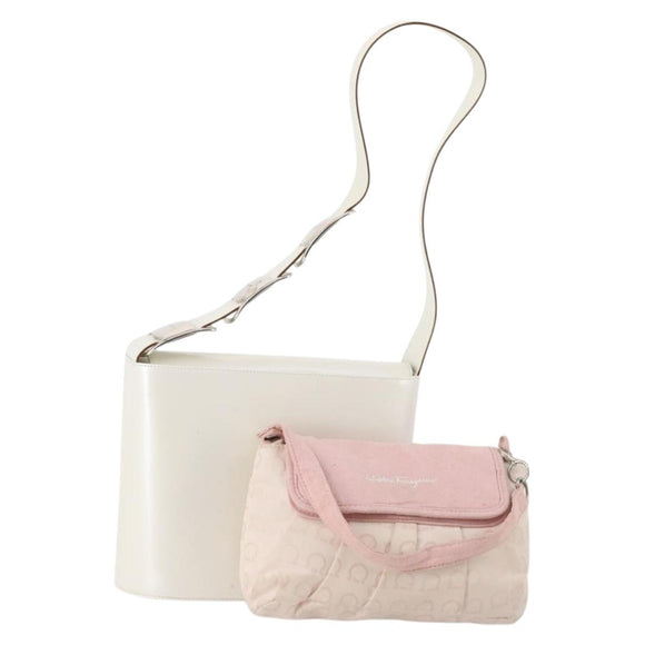 Salvatore Ferragamo Hand Bag Nylon Leather 2 Set White Pink Auth BA13059