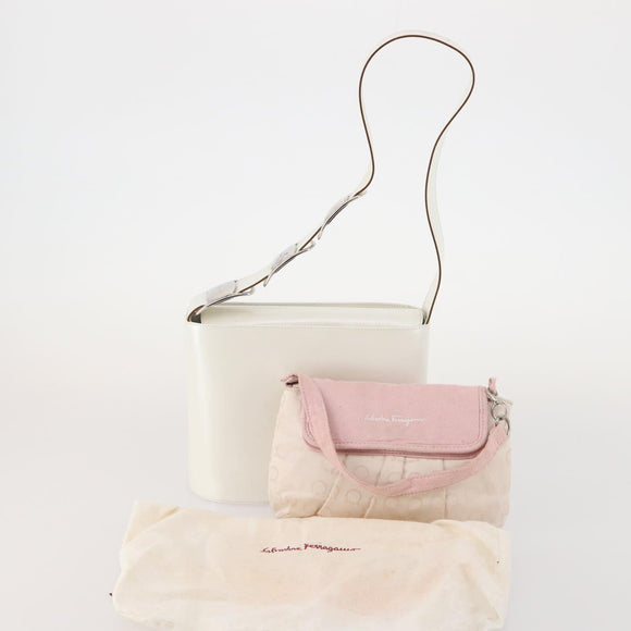 Salvatore Ferragamo Hand Bag Nylon Leather 2 Set White Pink Auth BA13059