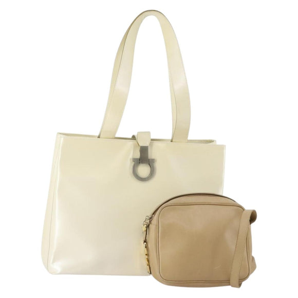 Salvatore Ferragamo Gancini Shoulder Bag Leather 2 Set White Beige Auth BA13060