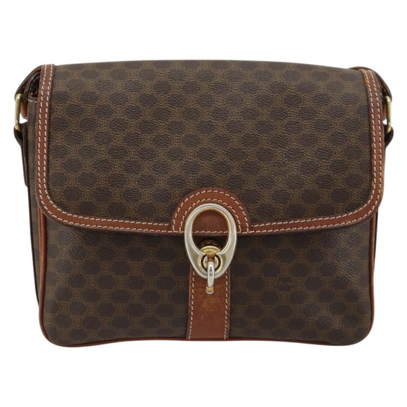CELINE Macadam Canvas Shoulder Bag PVC Leather Brown Gold Auth BA13077