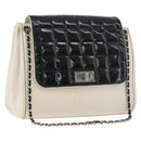 CHANEL Choco Bar Chain Shoulder Bag Leather White Silver black CC Auth BA13099A-1