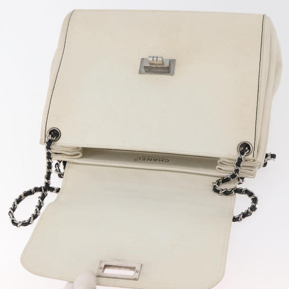 CHANEL Choco Bar Chain Shoulder Bag Leather White Silver black CC Auth BA13099A