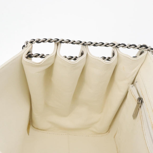 CHANEL Choco Bar Chain Shoulder Bag Leather White Silver black CC Auth BA13099A