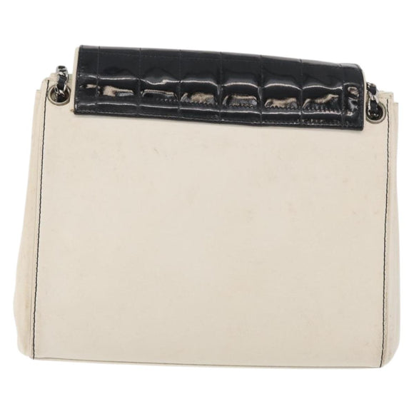 CHANEL Choco Bar Chain Shoulder Bag Leather White Silver black CC Auth BA13099A