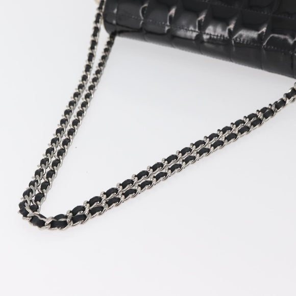 CHANEL Choco Bar Chain Shoulder Bag Leather White Silver black CC Auth BA13099A