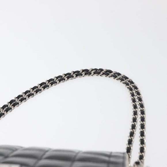CHANEL Choco Bar Chain Shoulder Bag Leather White Silver black CC Auth BA13099A