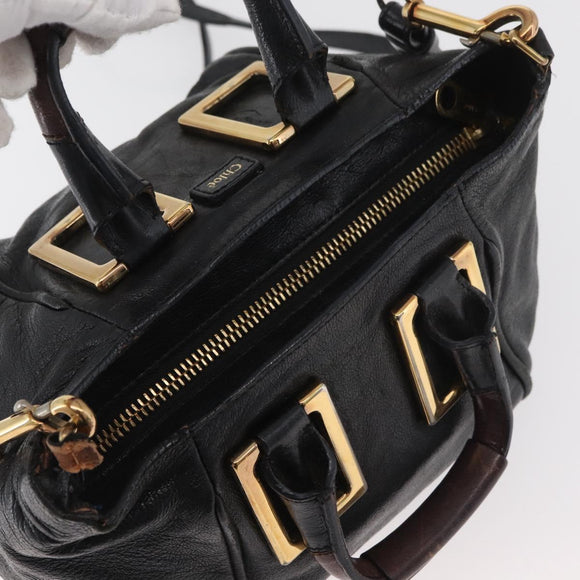 Chloe Etel Handtas Leer 2way Zwart Goud Auth BA13103