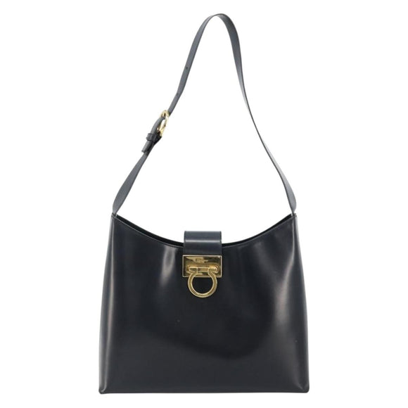 Salvatore Ferragamo Gancini Umhängetasche Leder Navy Gold Auth BA13105