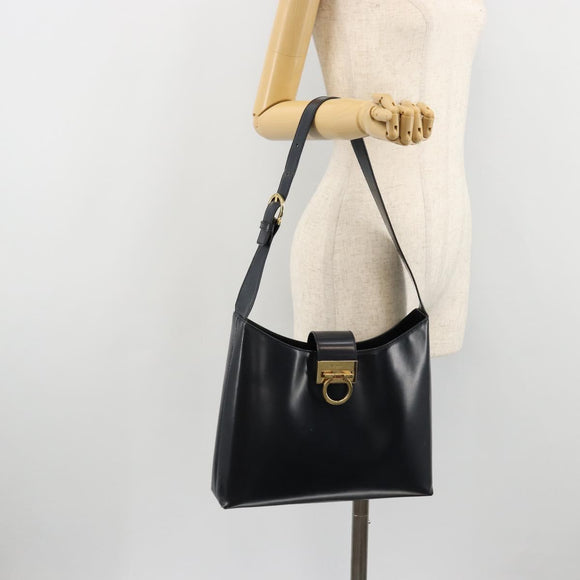 Salvatore Ferragamo Gancini Umhängetasche Leder Navy Gold Auth BA13105