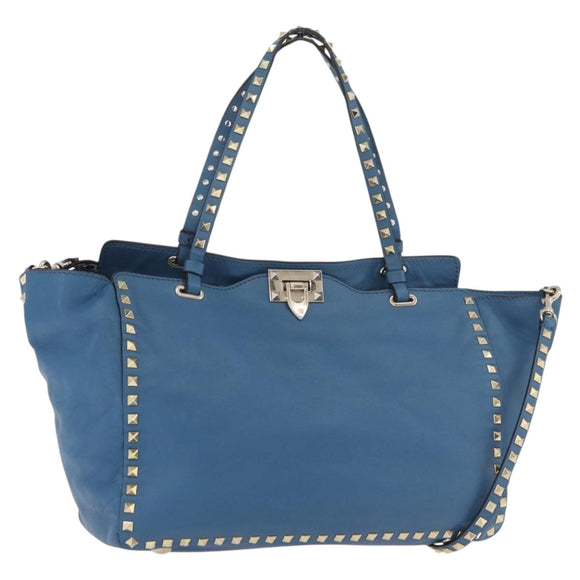 VALENTINO Rock Studs Tote Bag Leather 2way Blue Gold Auth BA13124