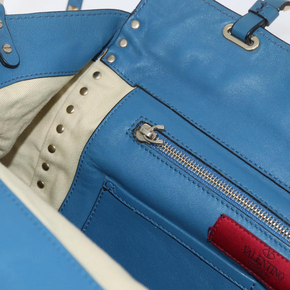 VALENTINO Rock Studs Tote Bag Leather 2way Blue Gold Auth BA13124