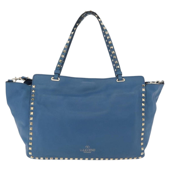 VALENTINO Rock Studs Tote Bag Leather 2way Blue Gold Auth BA13124
