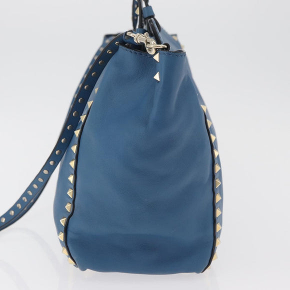 VALENTINO Rock Studs Tote Bag Leather 2way Blue Gold Auth BA13124