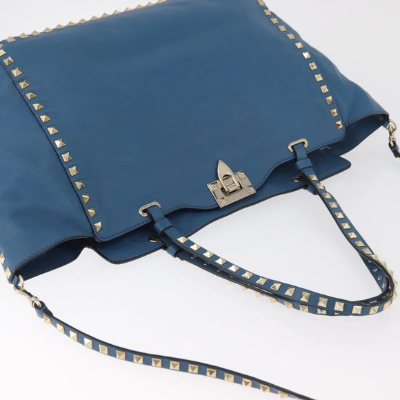 VALENTINO Rock Studs Tote Bag Leather 2way Blue Gold Auth BA13124