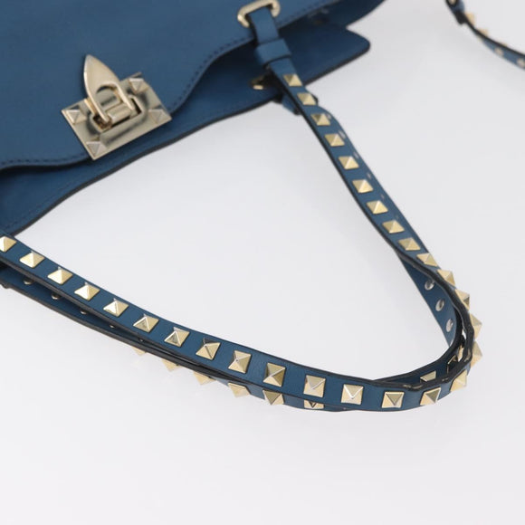 VALENTINO Rock Studs Tote Bag Leather 2way Blue Gold Auth BA13124