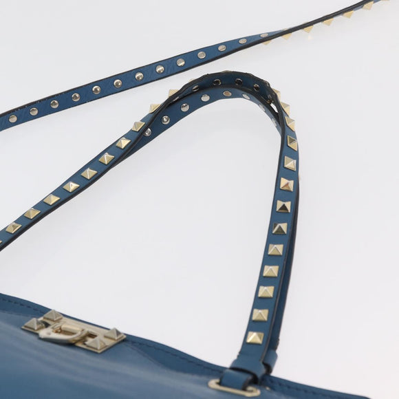VALENTINO Rock Studs Tote Bag Leather 2way Blue Gold Auth BA13124