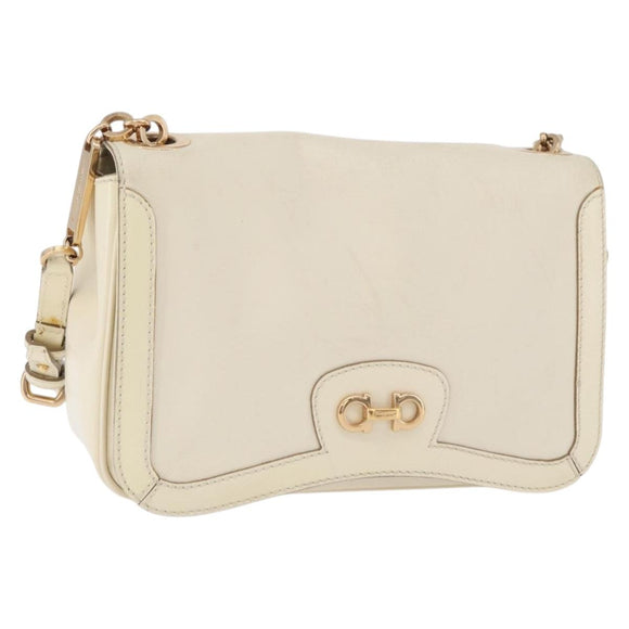 Salvatore Ferragamo Gancini Shoulder Bag Leather White Gold Auth BA13137