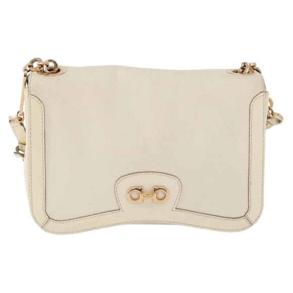 Salvatore Ferragamo Gancini Shoulder Bag Leather White Gold Auth BA13137