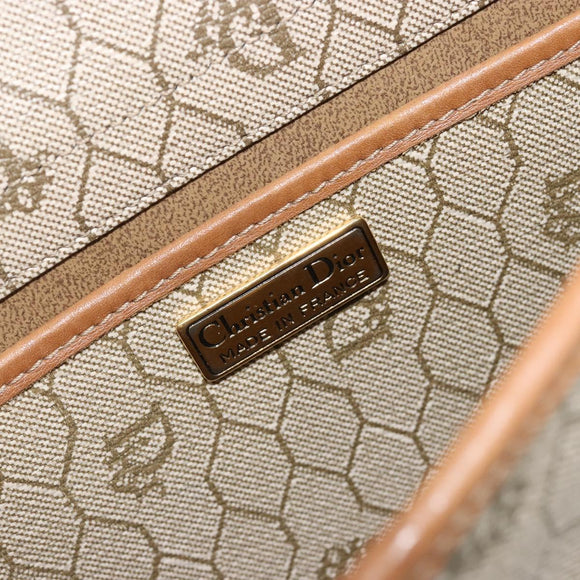 Christian Dior Honeycomb Canvas Schoudertas PVC Beige Goud Auth BA13152