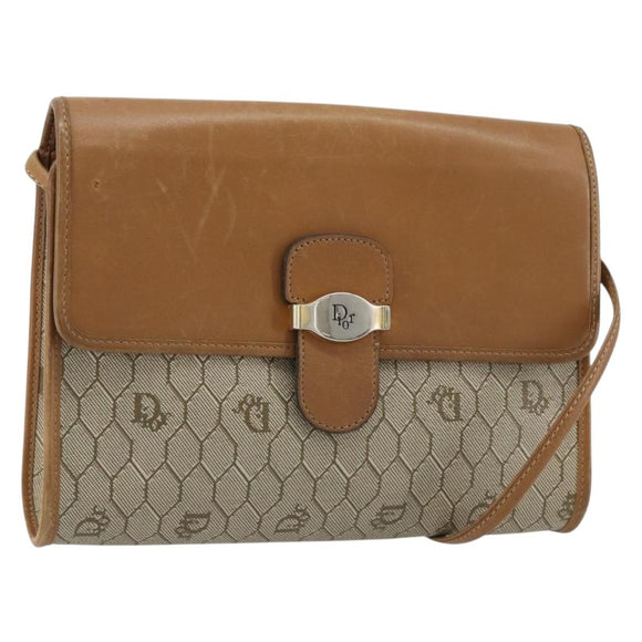 Christian Dior Honeycomb Canvas Schoudertas PVC Beige Goud Auth BA13152