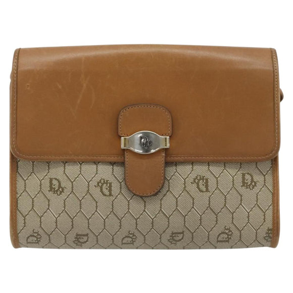 Christian Dior Honeycomb Canvas Schoudertas PVC Beige Goud Auth BA13152