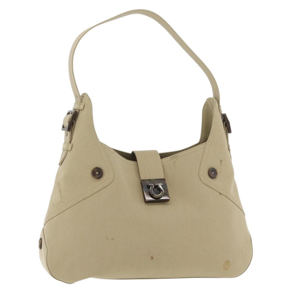 Salvatore Ferragamo Gancini Shoulder Bag Canvas Beige Silver Auth BA13175