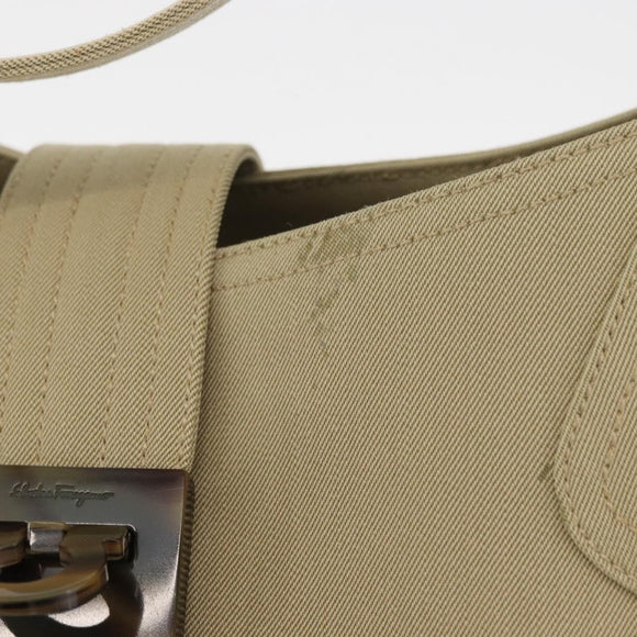 Salvatore Ferragamo Gancini Shoulder Bag Canvas Beige Silver Auth BA13175
