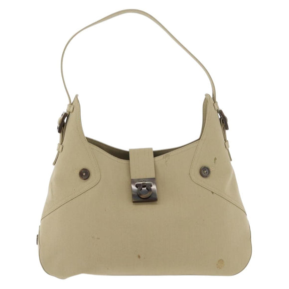 Salvatore Ferragamo Gancini Shoulder Bag Canvas Beige Silver Auth BA13175