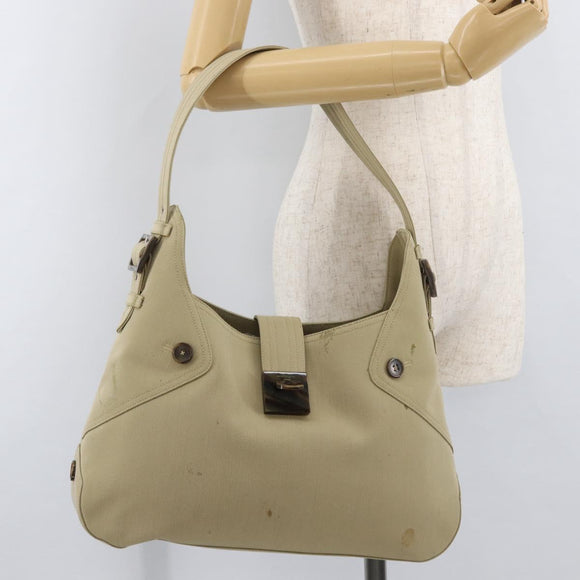 Salvatore Ferragamo Gancini Shoulder Bag Canvas Beige Silver Auth BA13175
