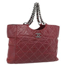 CHANEL Wild Stitch Chain Tote Bag Leather Red Silver CC Auth BA13176-1