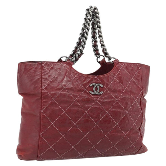 CHANEL Wild Stitch Chain Tote Bag Leather Red Silver CC Auth BA13176