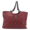 CHANEL Wild Stitch Chain Tote Bag Leather Red Silver CC Auth BA13176-13