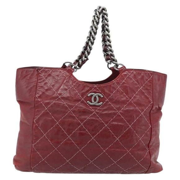 CHANEL Wild Stitch Chain Tote Bag Leather Red Silver CC Auth BA13176