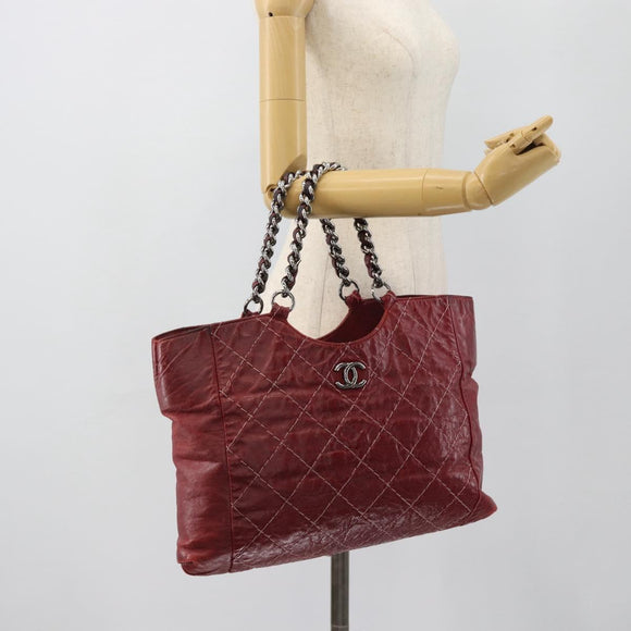 CHANEL Wild Stitch Chain Tote Bag Leather Red Silver CC Auth BA13176