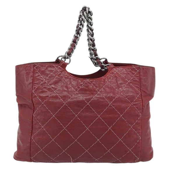 CHANEL Wild Stitch Chain Tote Bag Leather Red Silver CC Auth BA13176