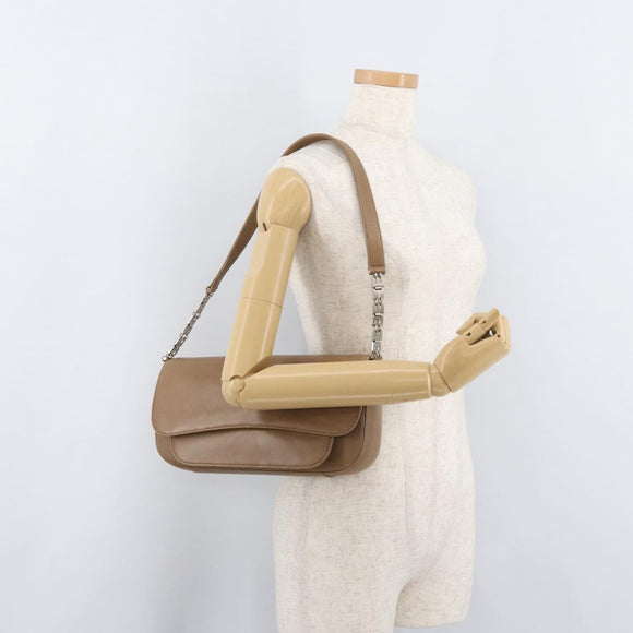 BALLY Chain Shoulder Bag Leather Beige Silver Auth BA13180