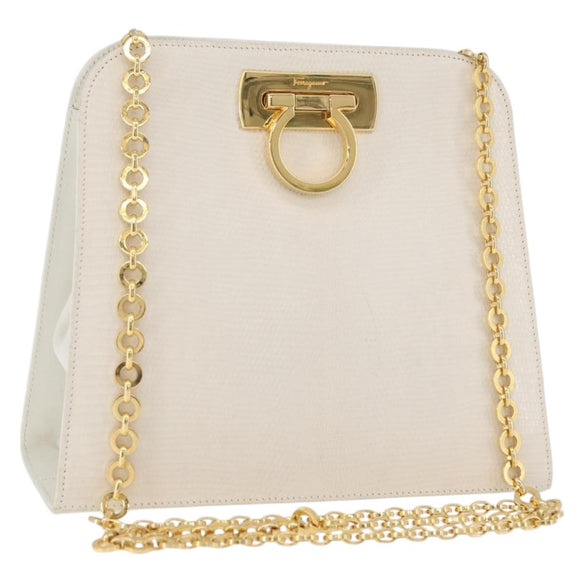 Salvatore Ferragamo Gancini Ketten-Schultertasche Leder Weiß Gold Auth BA13182