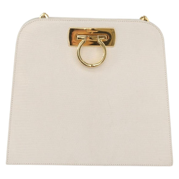 Salvatore Ferragamo Gancini Ketten-Schultertasche Leder Weiß Gold Auth BA13182